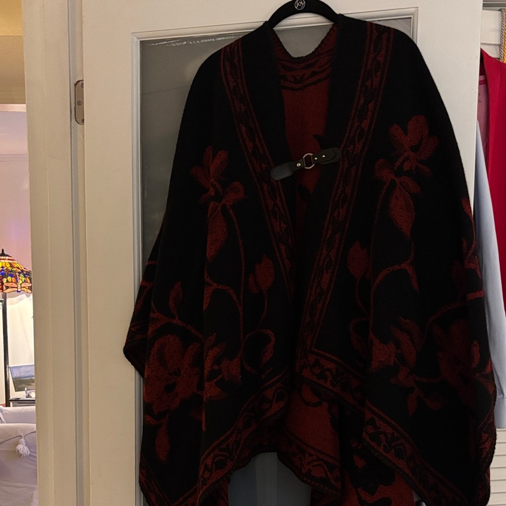 Chic Black Poncho with Red Floral Design